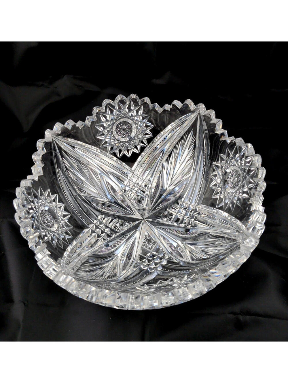 Antique American Brilliant Cut Glass Crystal Bowl 8" Facetted Stunning Heavy